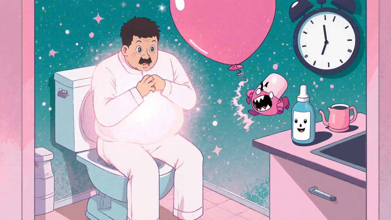 A man on the toilet with a swollen bladder and a villainous decongestant pill jumping from his hand.