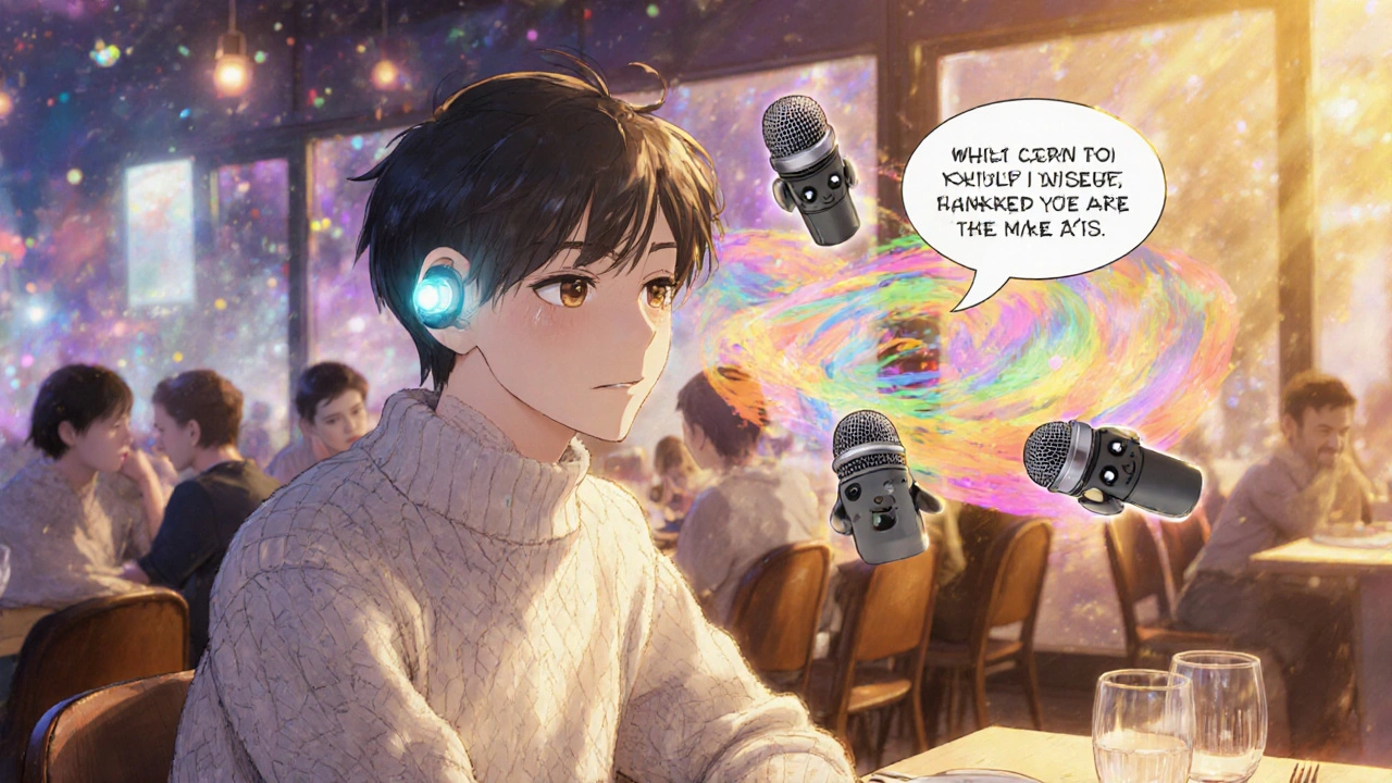 A person enjoys dinner as three cute floating mics blend voices into a glowing audio vortex, with background noise blurred in soft colors.