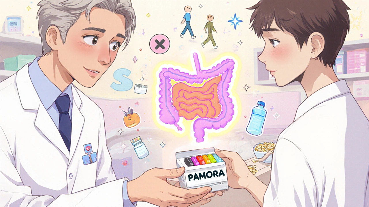 A pharmacist giving a PAMORA pill box with a glowing gut diagram showing blocked receptors only in the intestines.