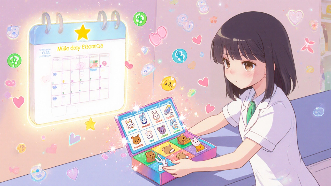 A pharmacist handing a colorful monthly med sync box with animal-shaped pills, sparkles and hearts floating around.