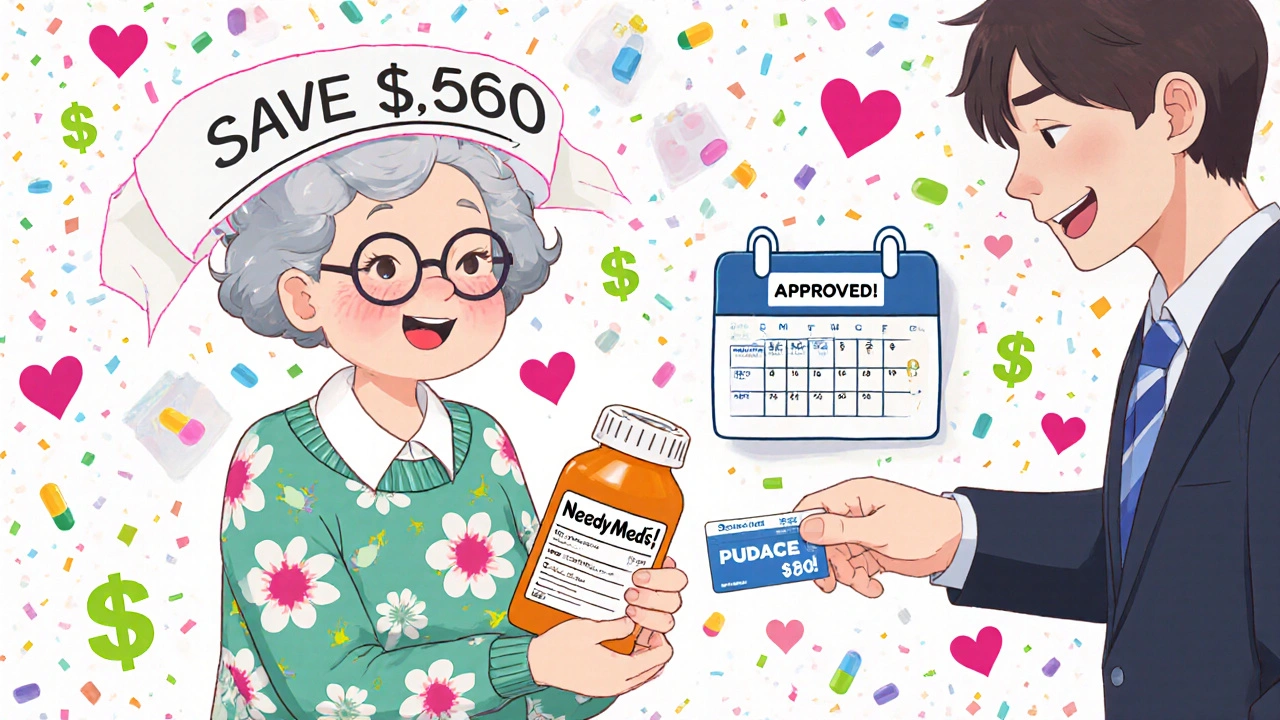 A retiree receives a prescription and coupon card with floating heart-shaped pills and savings banners.
