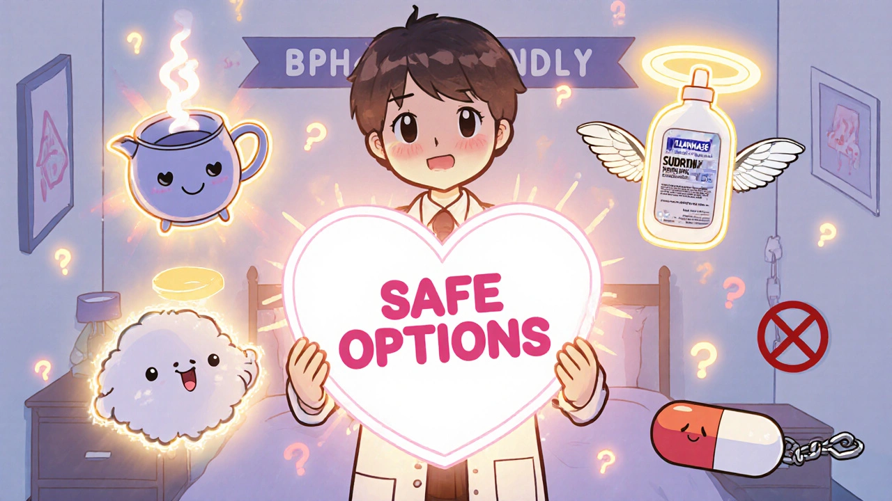 A urologist holding a heart-shaped safe options sign surrounded by cute nasal rinse and spray alternatives.