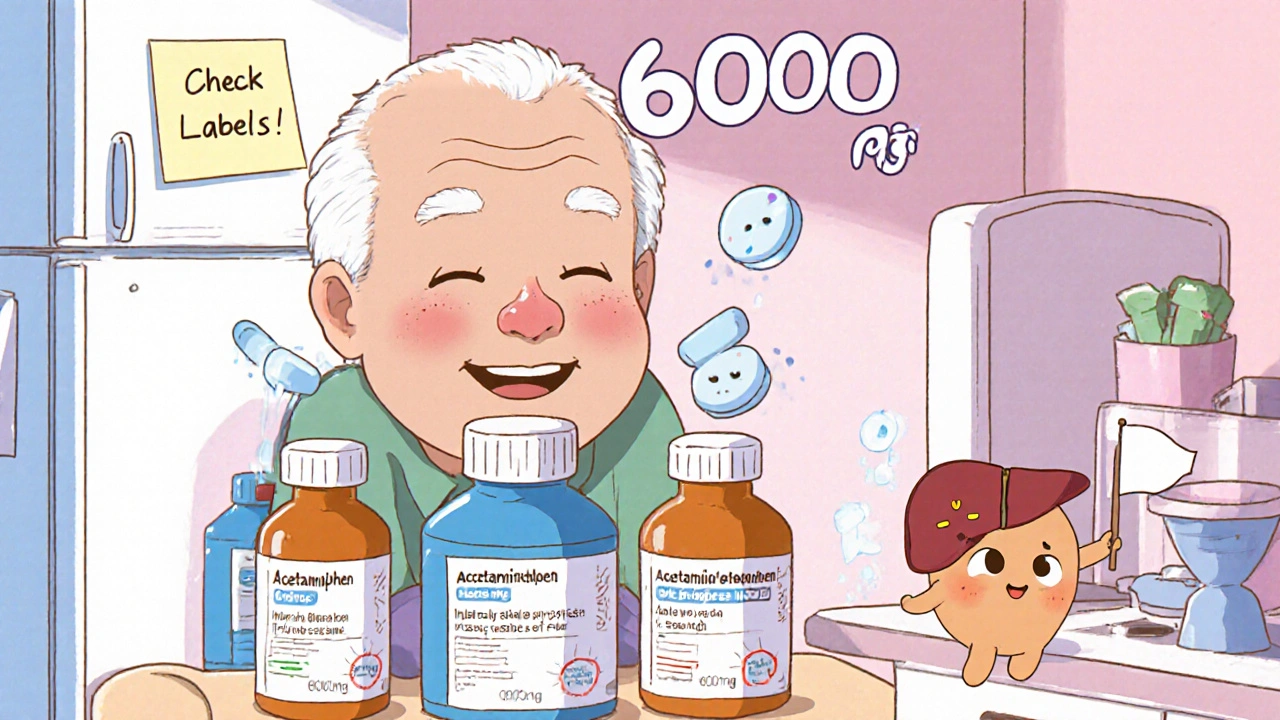 An elderly man about to take multiple cold medicines with a sweating cartoon liver nearby in cute anime style.