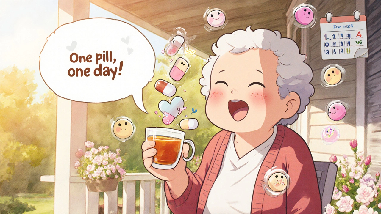 An elderly person holding one combination pill as three separate pills dissolve into the air, surrounded by happy symbols.
