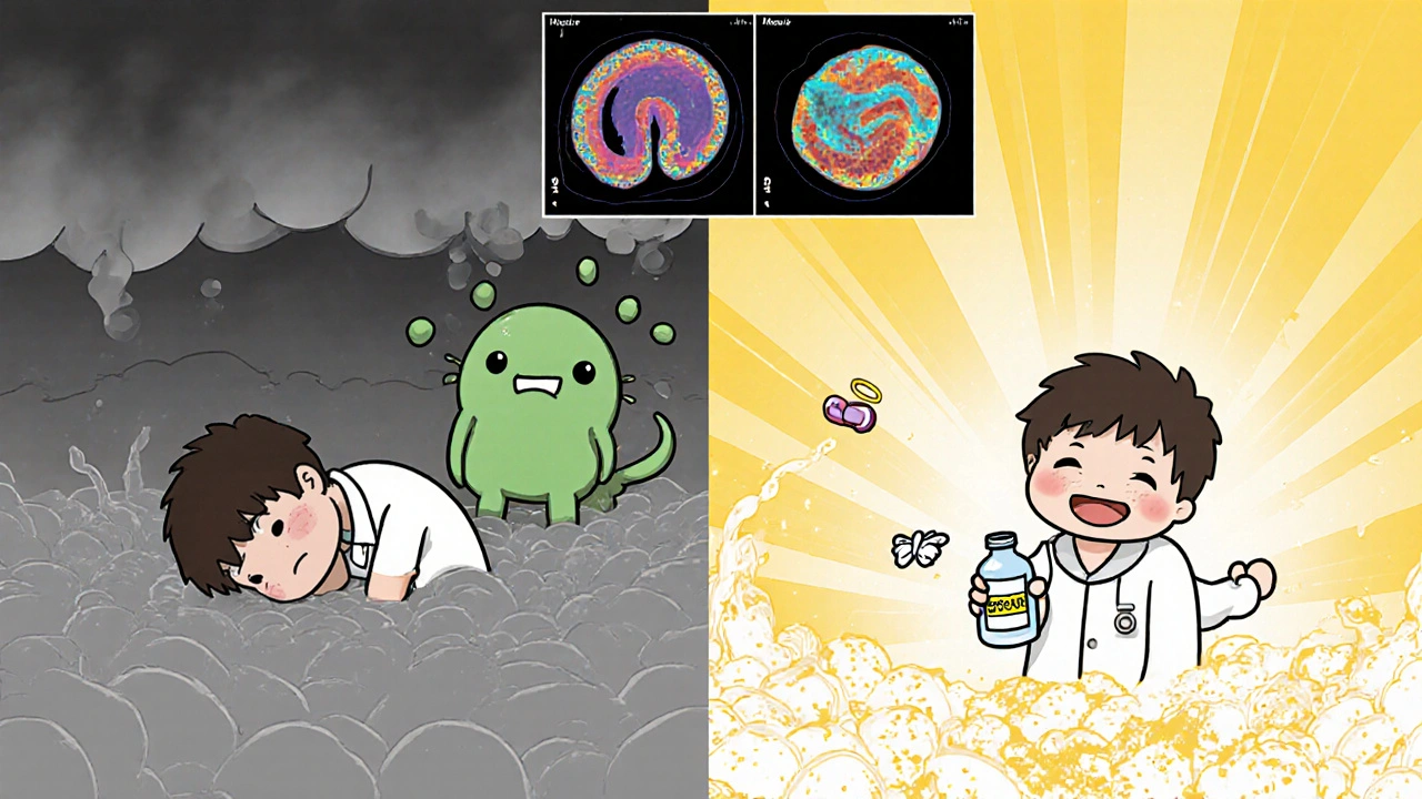 Before-and-after scene: tired person with dark mucus vs. energetic person with sparkling airways.