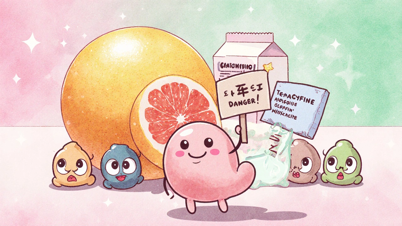 Cartoon antibiotics hiding from grapefruit and milk, warning sign glowing, cute food characters.