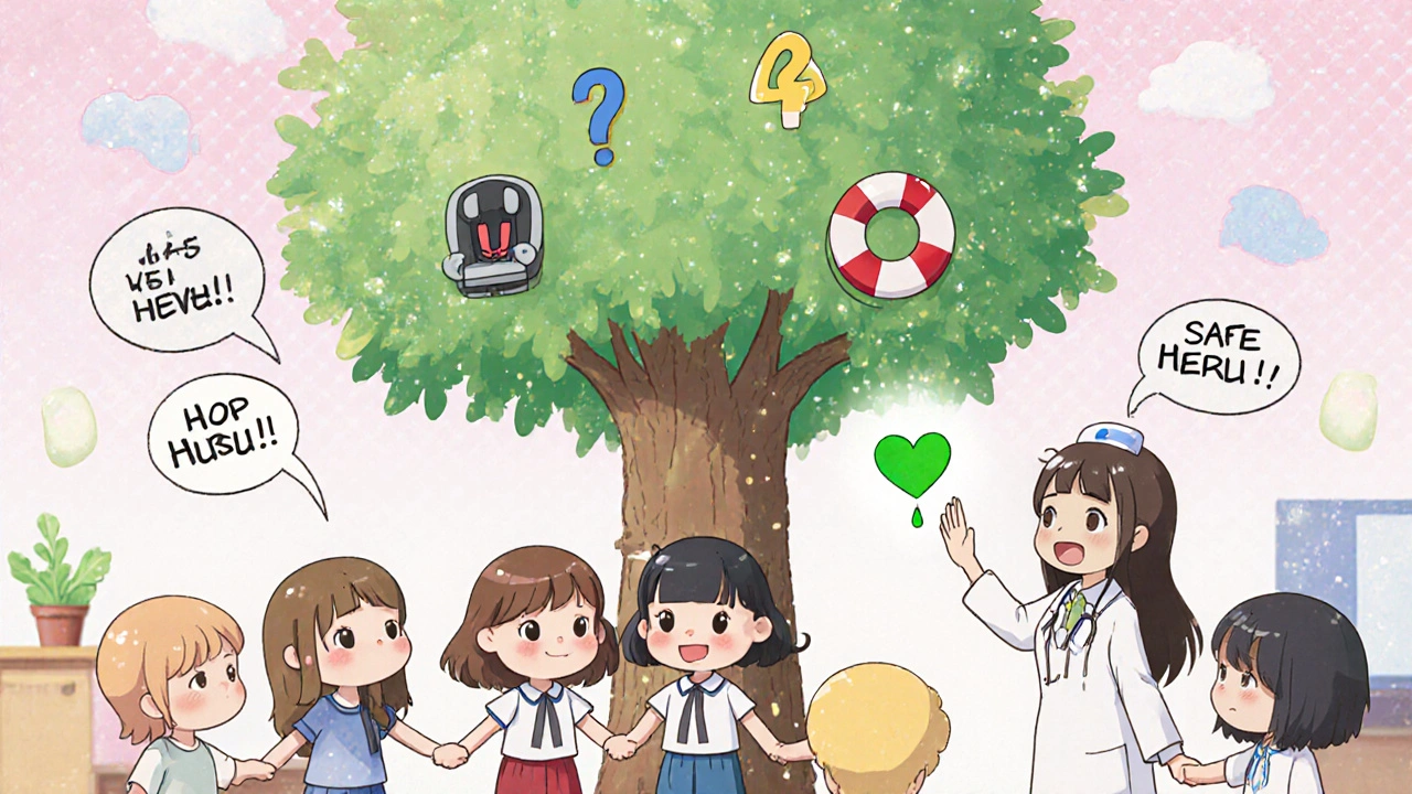 Children holding hands around a safety symbol tree, one glowing red leaf turning into a heart as a nurse comforts them.