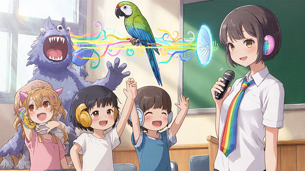 Children with animal-shaped hearing aids receive clear sound from a teacher&#039;s mic, while noise monsters are pushed away by a clarity shield.