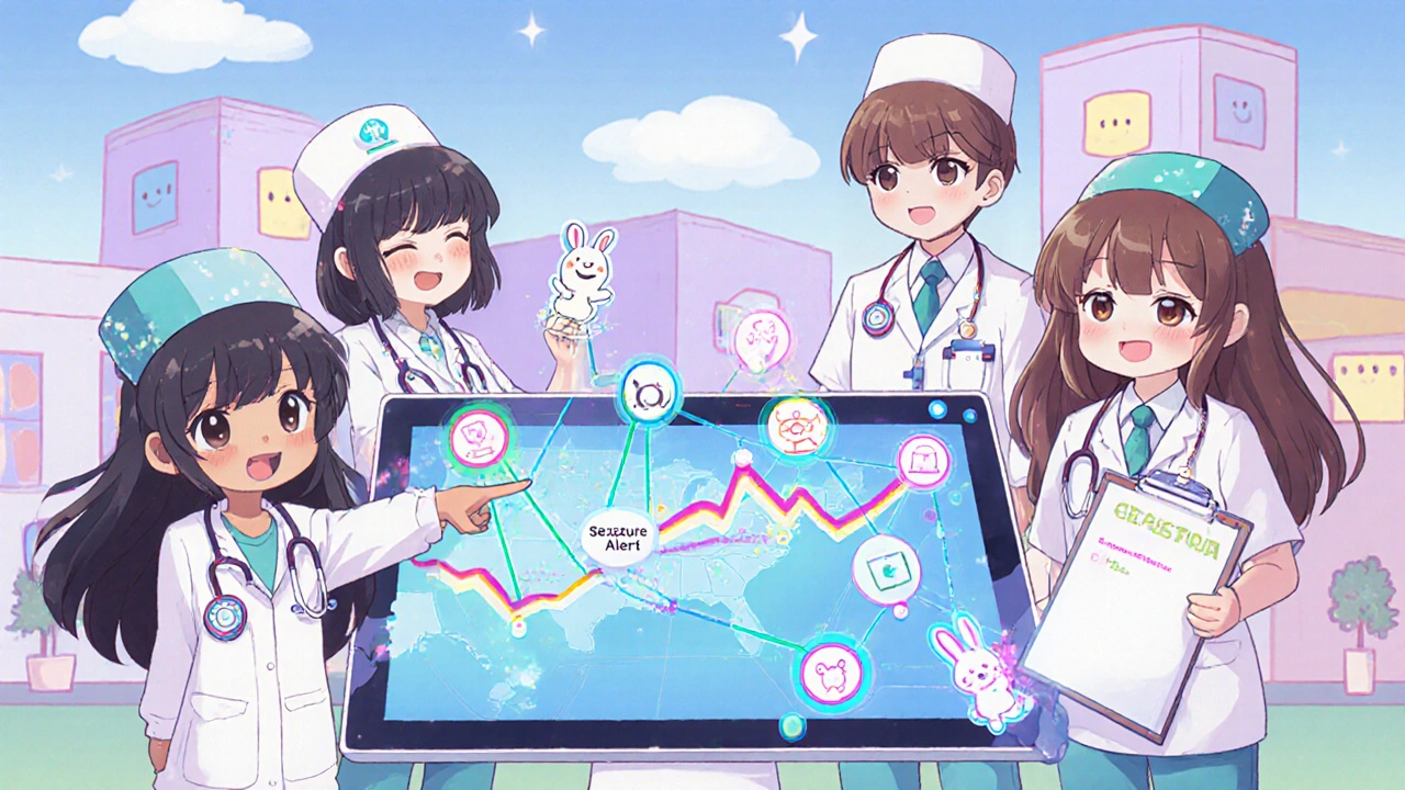 Cute healthcare workers around a glowing tablet showing connected U.S. hospitals with rainbow data streams flowing between them.