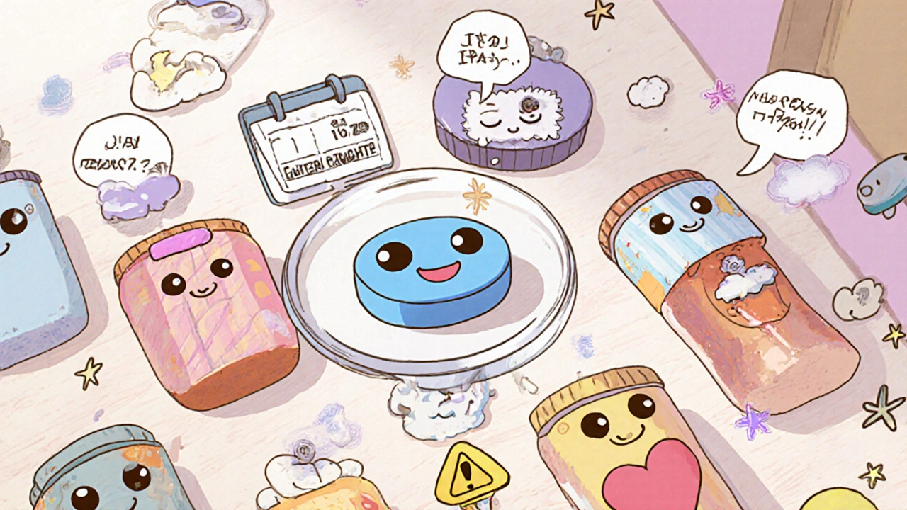 Cute pill bottles with smiling faces on a table, one labeled &#039;Heart&#039; with a warning sign above it.