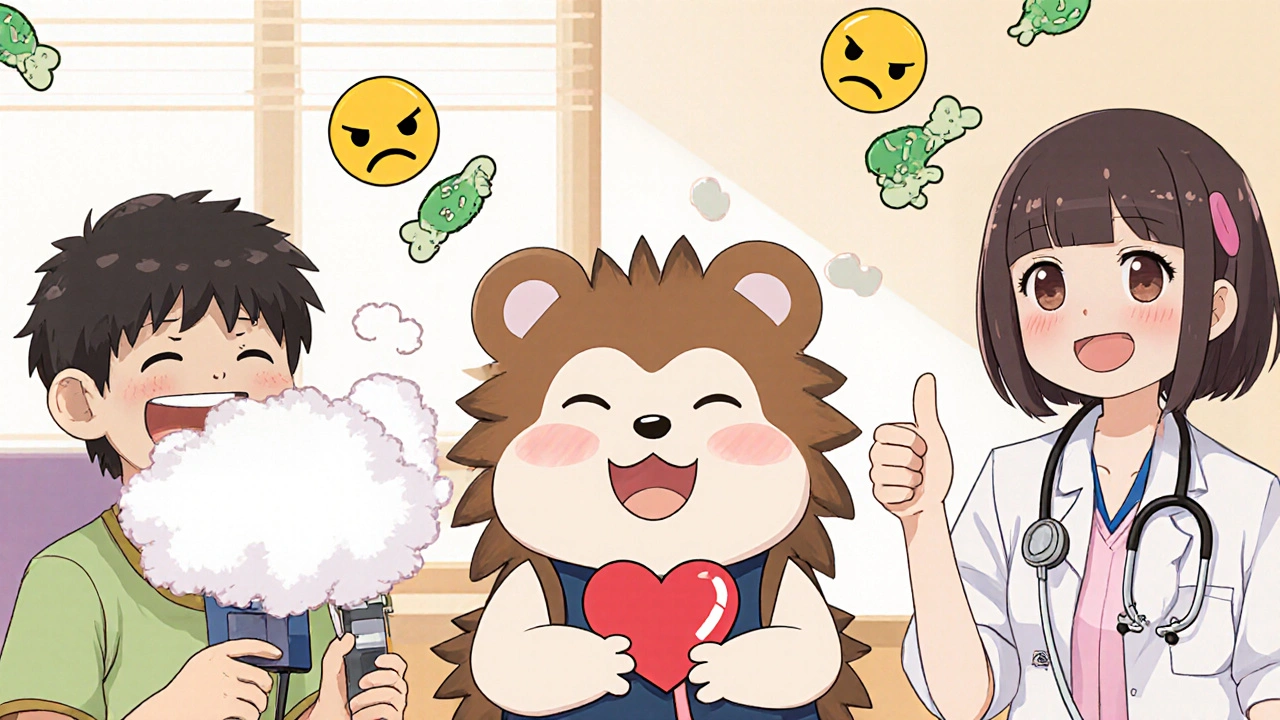 Diverse characters using cute medical devices in a therapy clinic with joyful expressions.