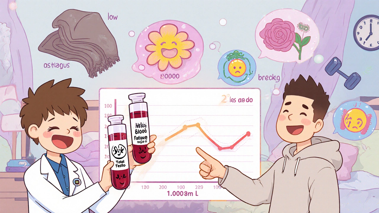 Doctor holding glowing blood vials next to a falling testosterone graph, with floating symptoms like a sad flower and heavy blanket.