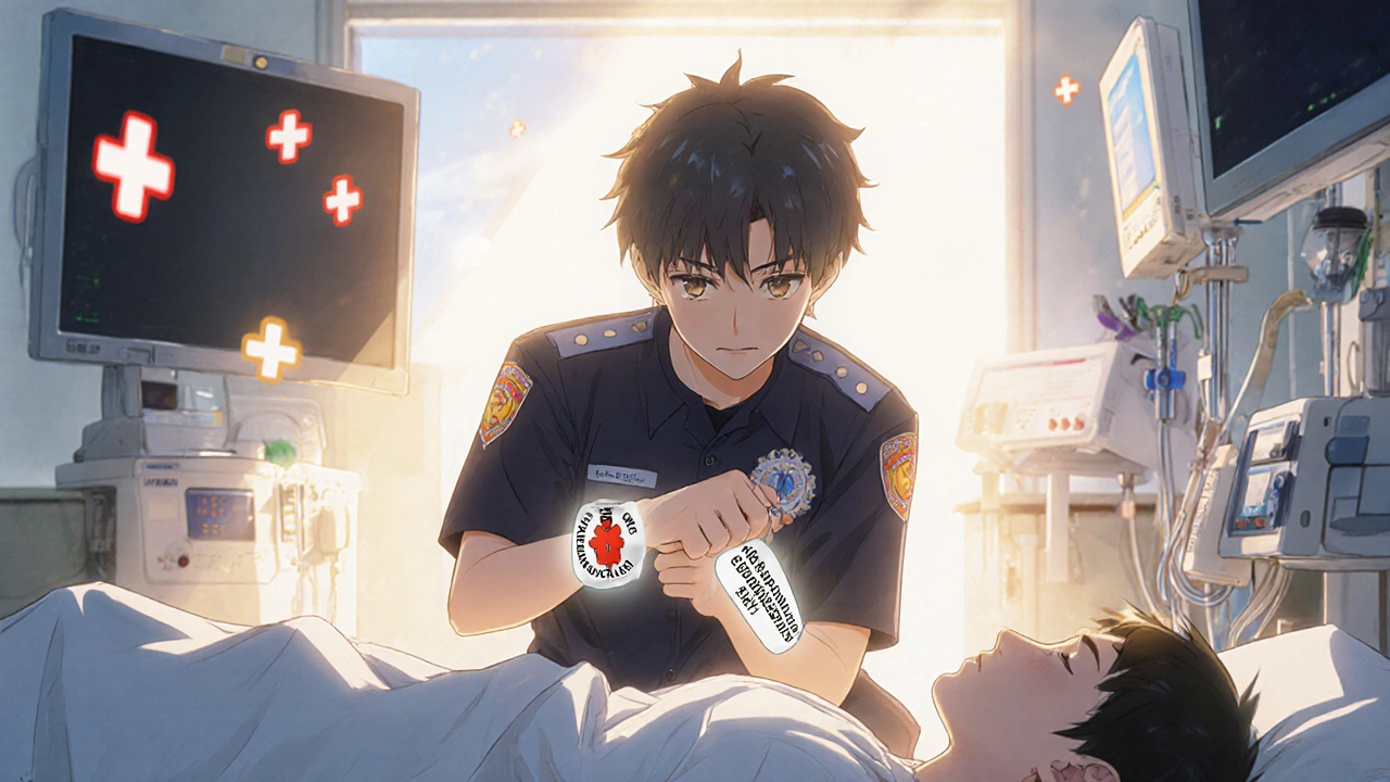 Emergency responder reading a medical alert bracelet on a patient&#039;s wrist in a hospital