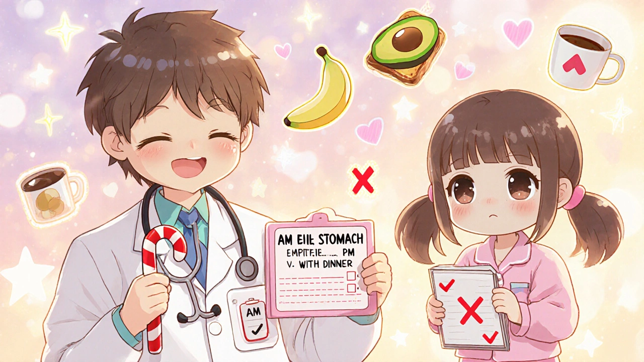 Pharmacist with candy cane stethoscope showing pill organizer, floating food icons, kawaii aesthetic.