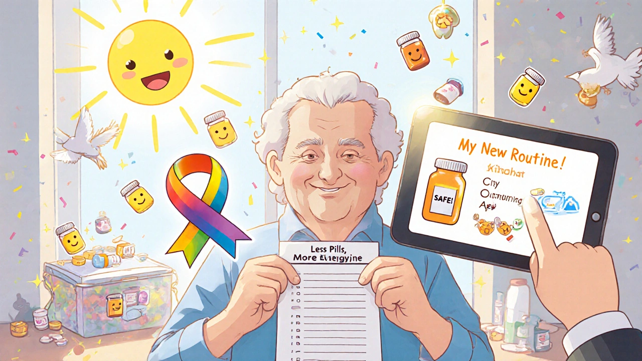Senior holding a rainbow medication list while digital app scans a pill, with happy faces where old meds were.