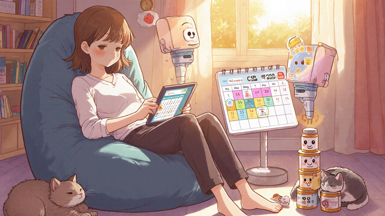 Someone at home with automated pill dispensers and a cozy setup, surrounded by smiling medication bottles.