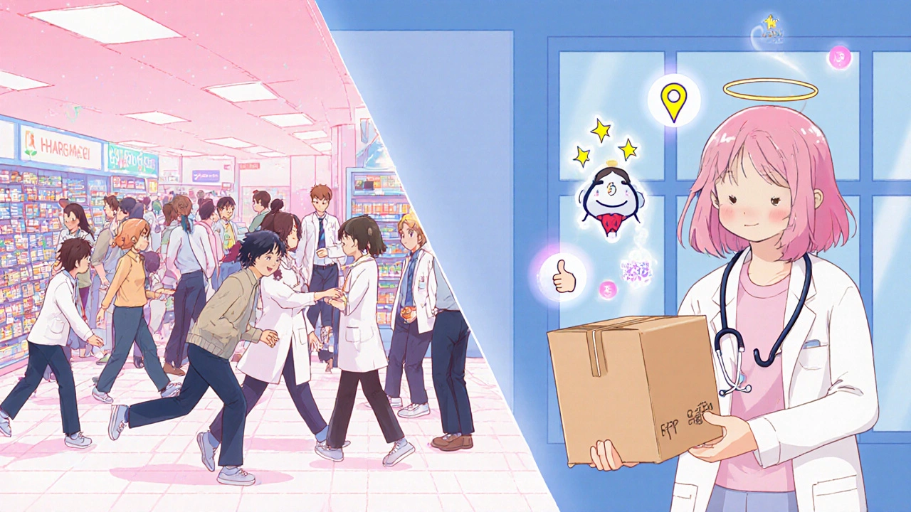 Split scene: chaotic retail pharmacy vs. peaceful mail-order delivery with a friendly pharmacist avatar.
