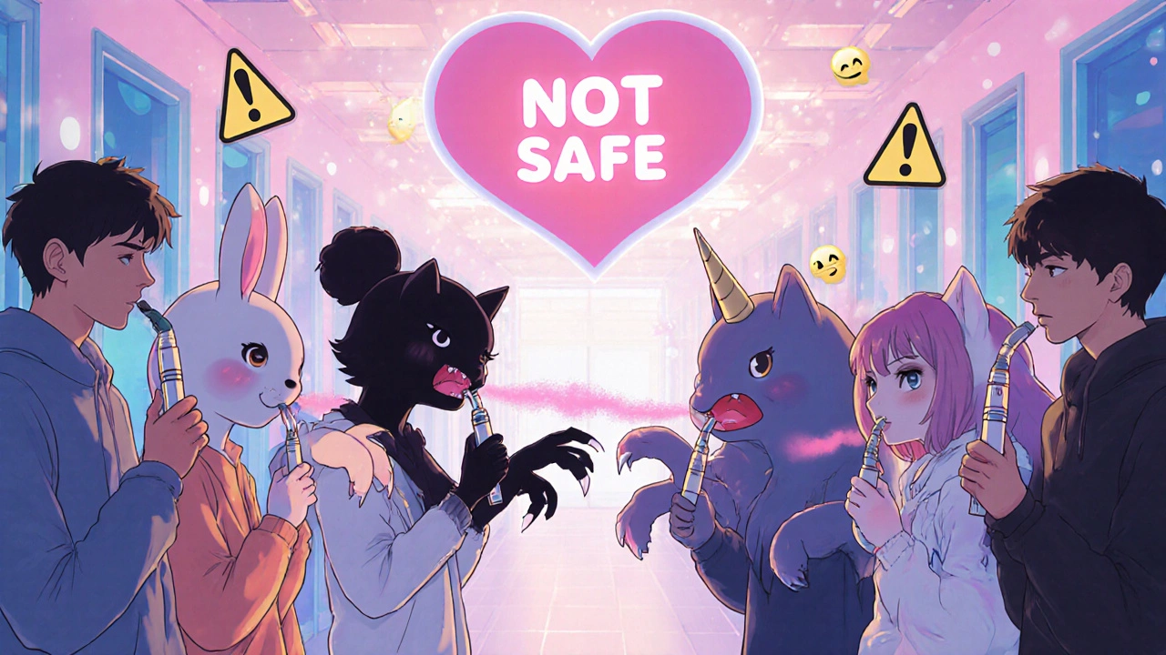 Teens holding animal-shaped vapes, their breath turning into shadowy lung monsters in a school hallway.