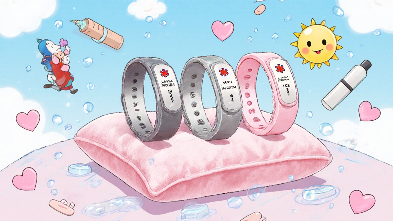 Three colorful medical alert bracelets with engraved warnings laid out on a soft cushion