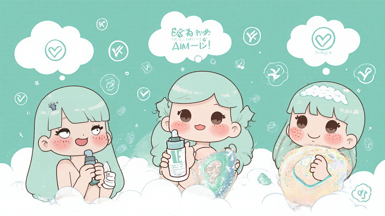 Three cute characters with different skin types using glowing silicone skincare products in a pastel dreamy setting.