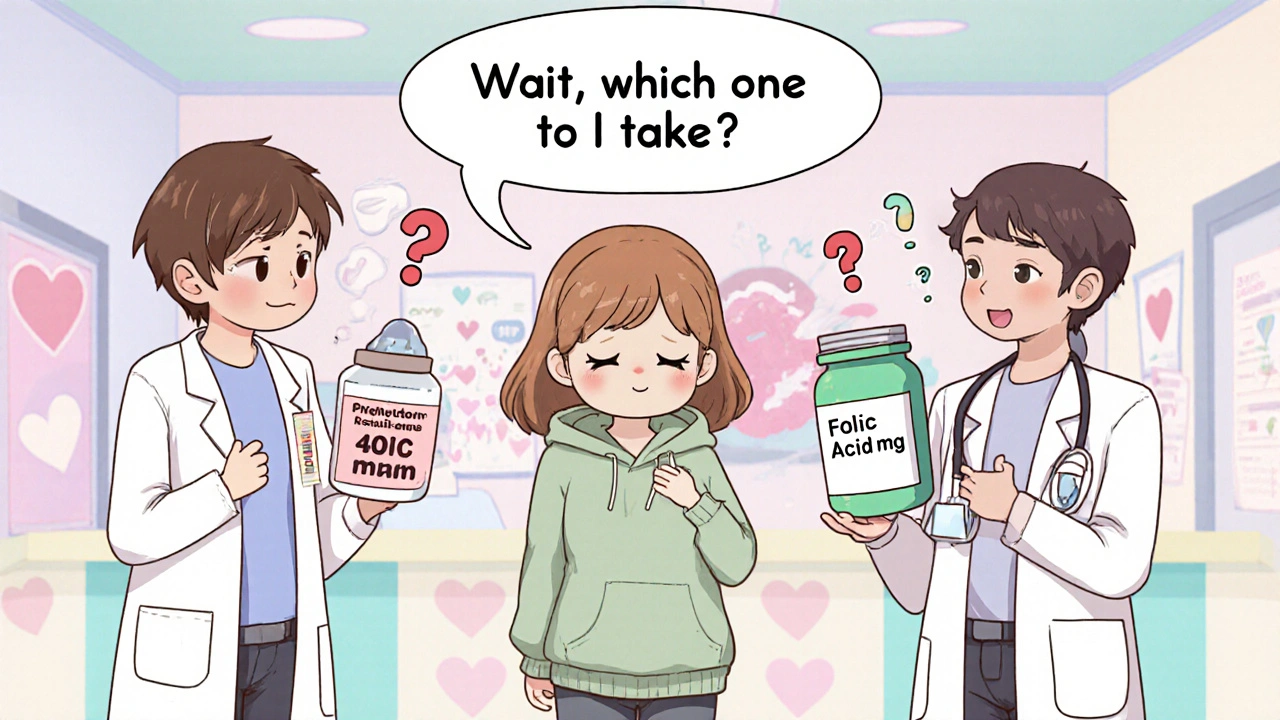 Woman caught between seizure meds and high-dose folic acid, with floating question marks in kawaii style.