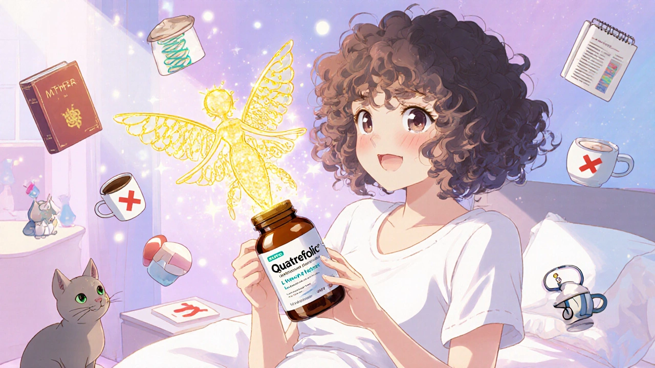 Woman opening Quatrefolic® bottle as a DNA fairy appears, with iron and calcium icons marked &#039;X&#039;.