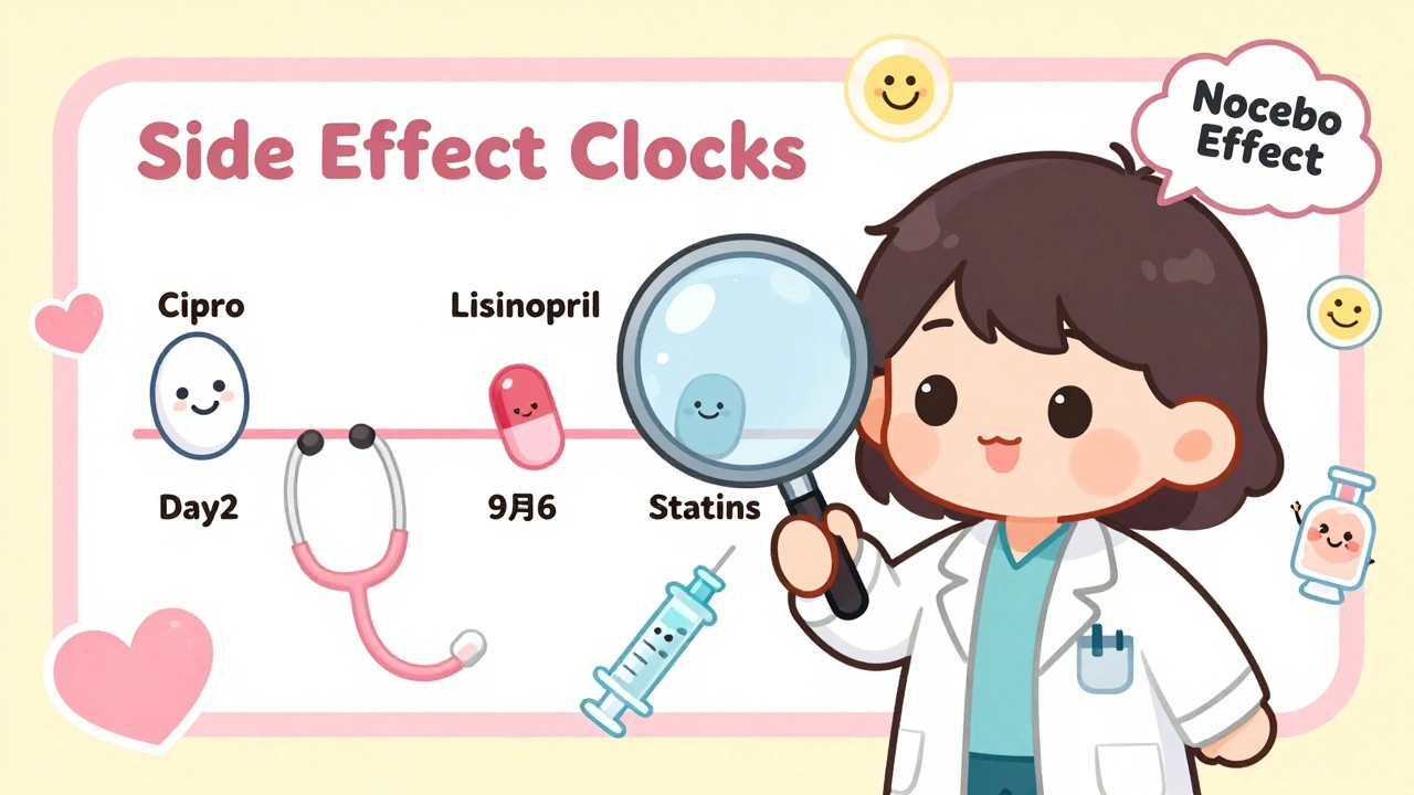 A cartoon doctor examining a colorful timeline of pills with smiling symptoms popping out at different times.
