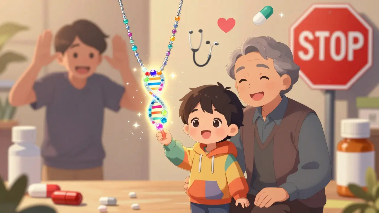 A child and adult hold a glowing DNA necklace with protective gene markers, safe medication choices shown in kawaii medical scene.