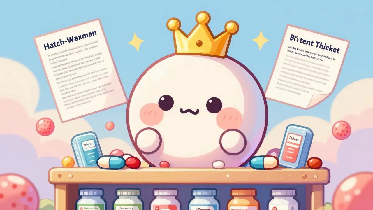 A crowned branded pill dominates a shelf while tiny generics try to emerge past legal documents.