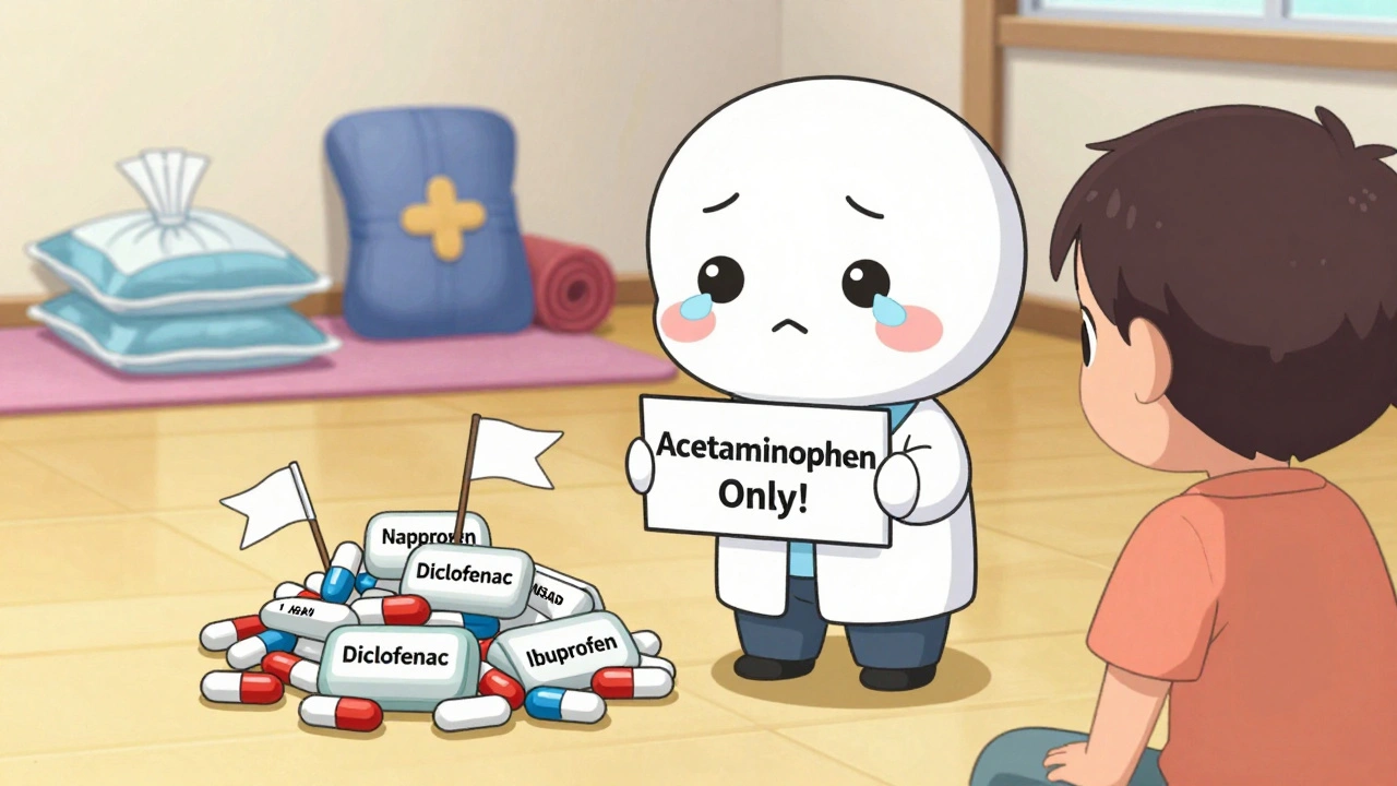 A cute doctor guiding a patient away from NSAID pills toward safe pain relief options like ice packs and heat pads.