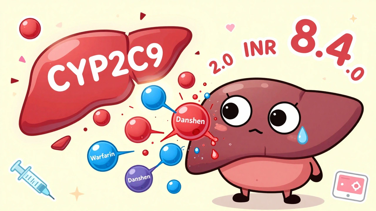 A cute liver with googly eyes overwhelmed by colliding blood thinner molecules.