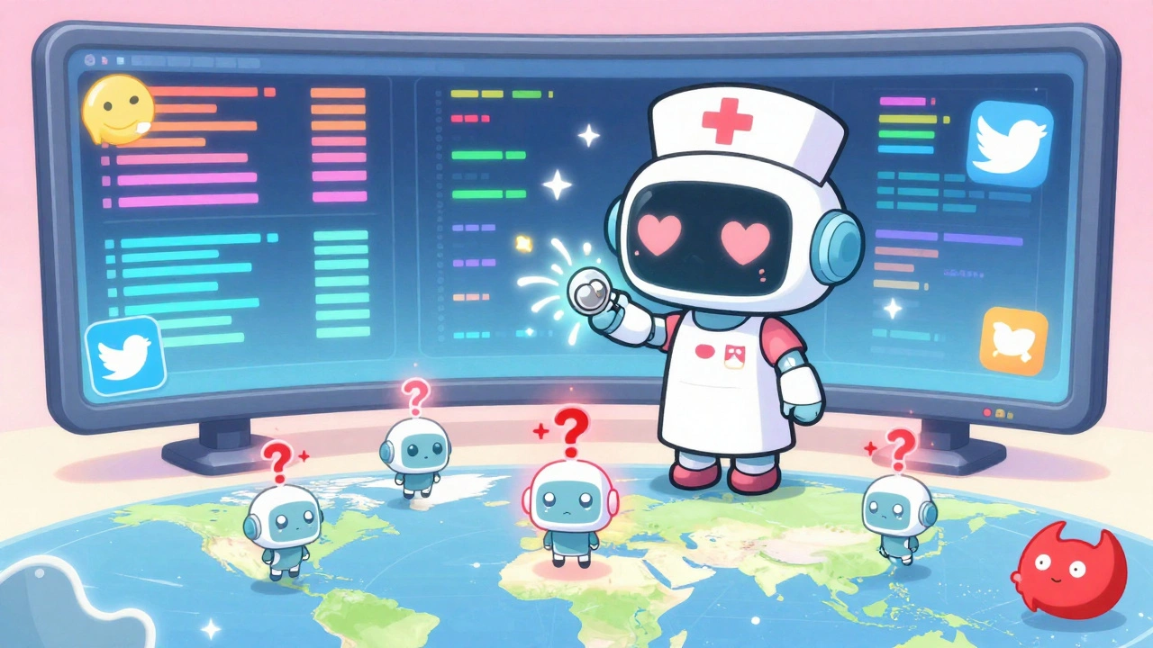 A cute robot nurse scans colorful data streams from patients on a global map with social media icons.