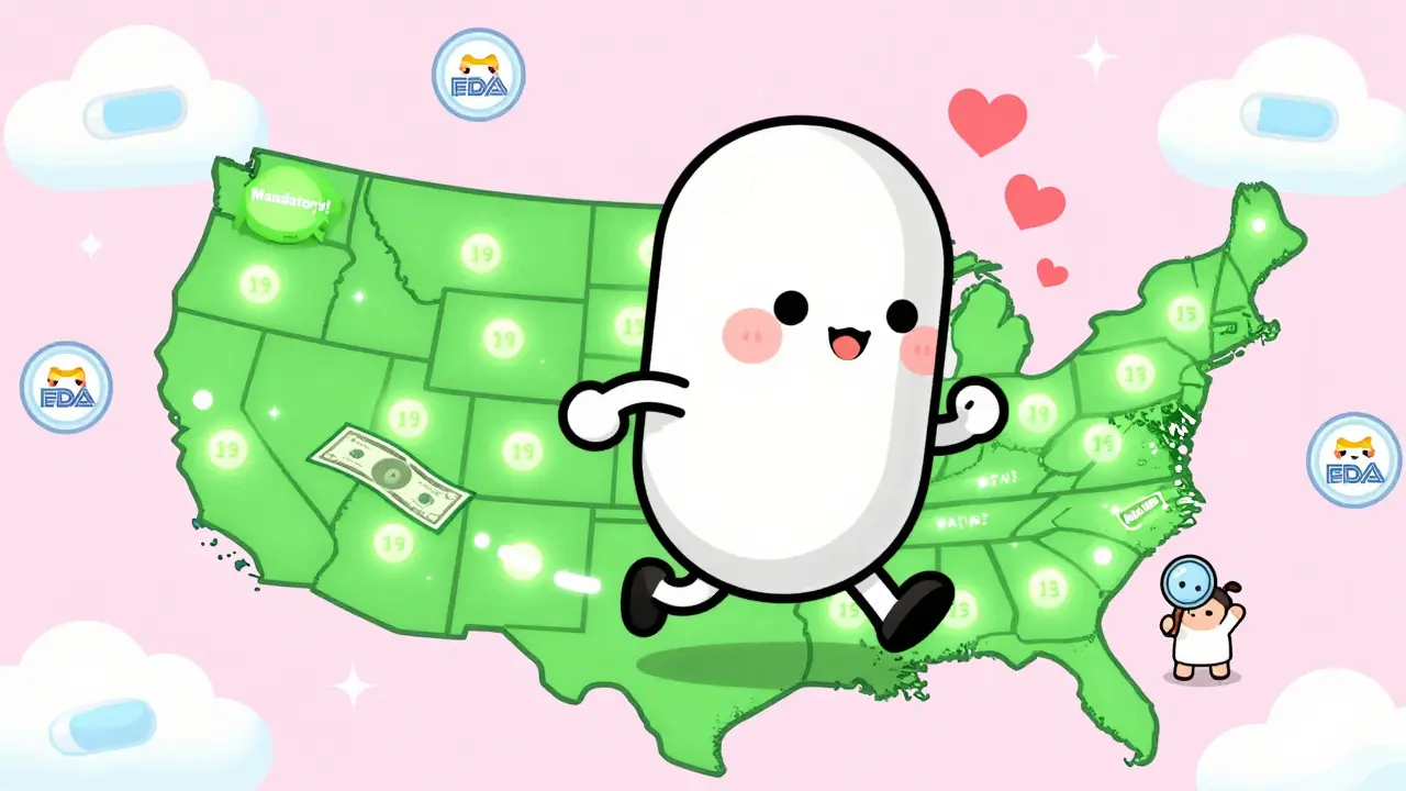 A cute running generic pill leaves savings trails across a map of the U.S., with glowing mandatory states.