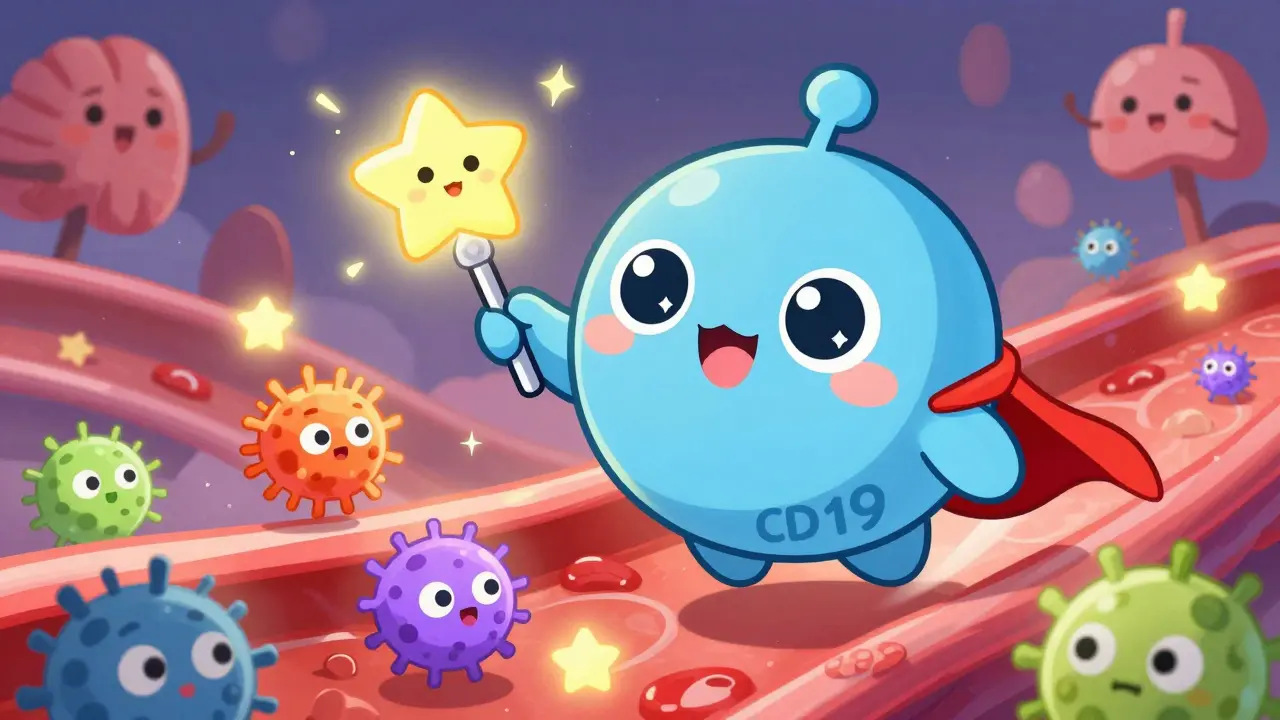 A cute superhero T-cell with a cape zaps cancer cells into stars while flying through a glowing bloodstream.