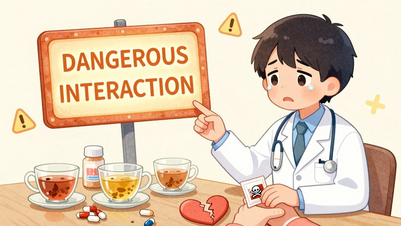A doctor and patient looking at a warning sign about Danshen and heart medication interaction.
