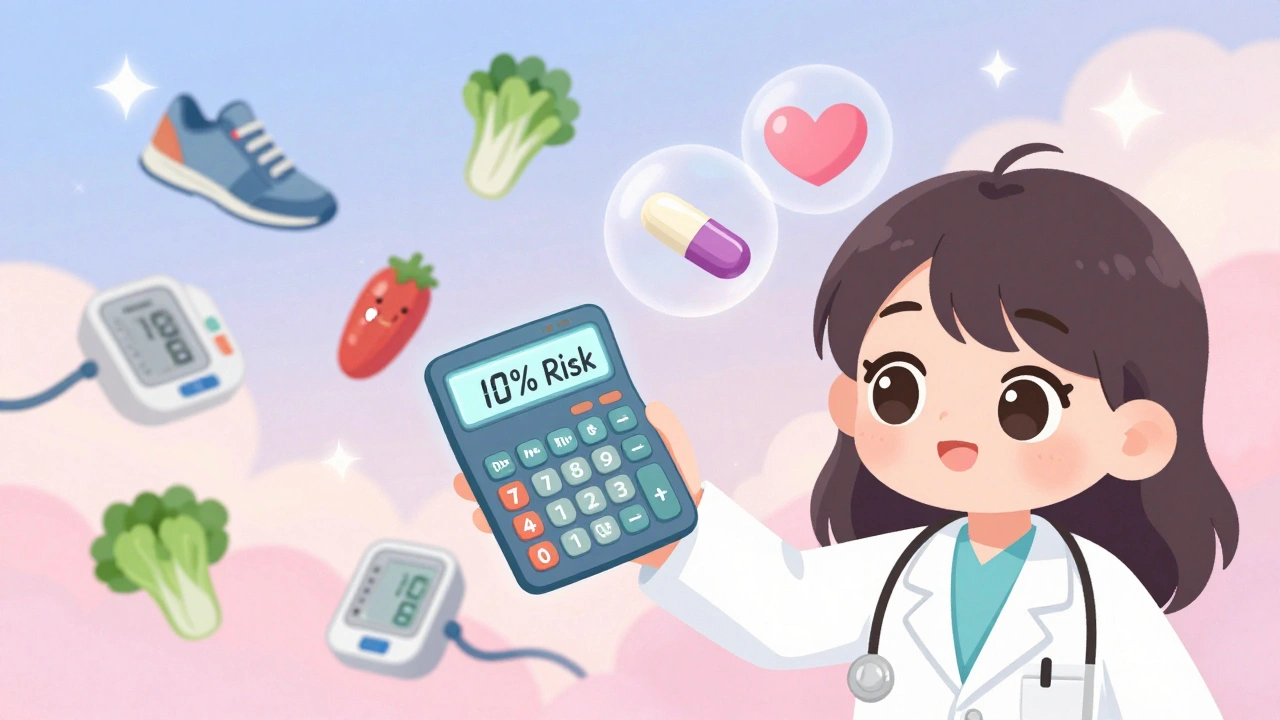 A doctor and patient surrounded by health icons, with a glowing risk calculator in kawaii anime style.