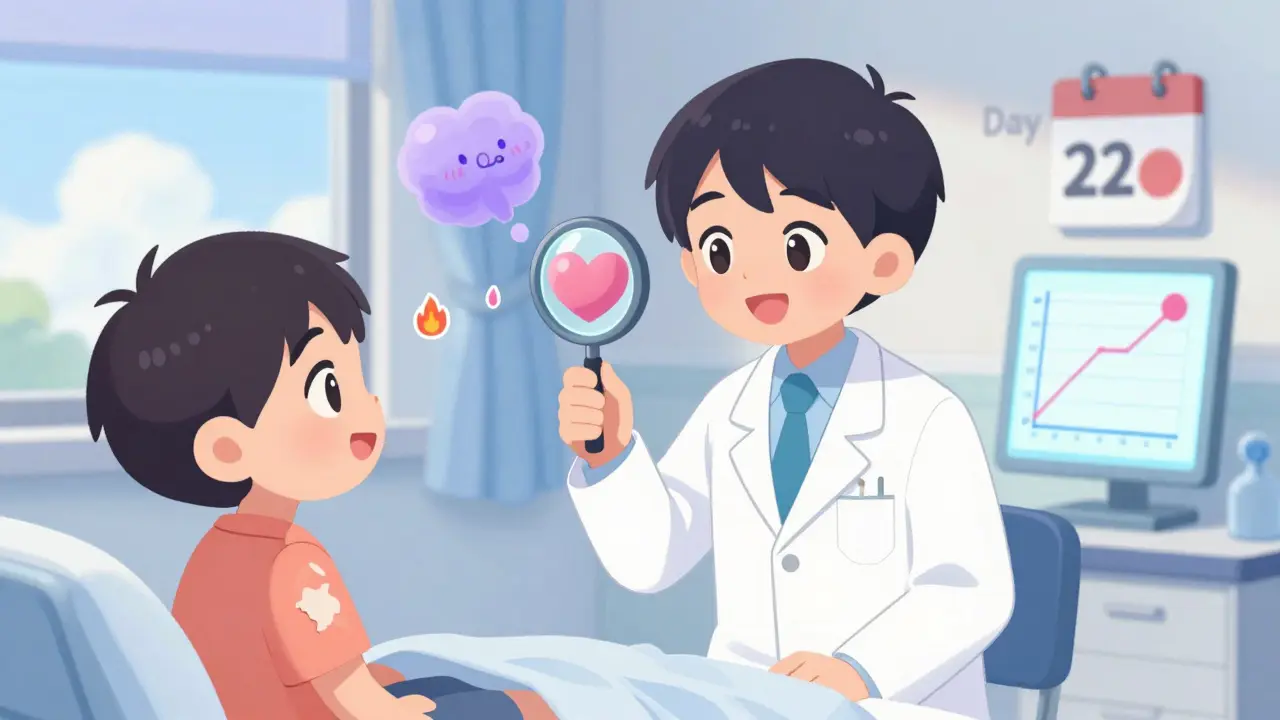 A doctor examines peeling skin with a heart-shaped magnifier, DRESS syndrome shown as friendly floating symbols in pastel hospital setting.