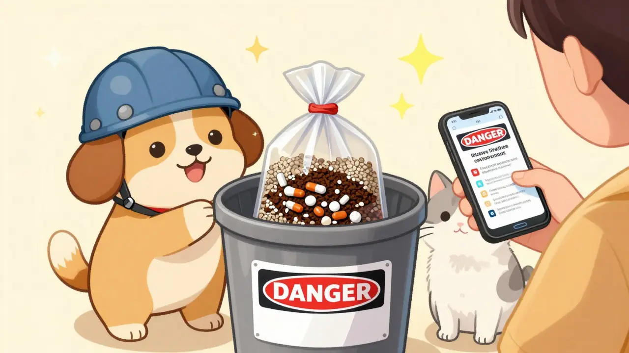 A dog and cat beside a sealed trash bag of crushed pills with a safety sign.