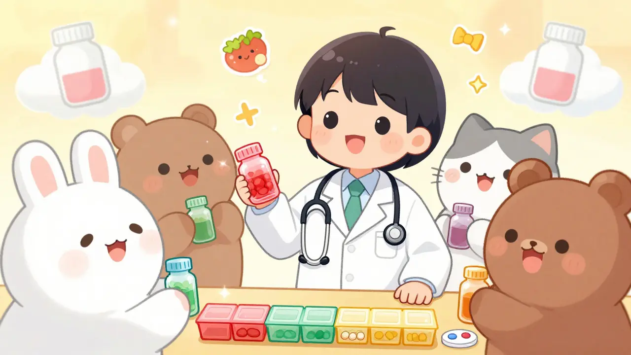 A friendly pharmacist giving color-coded pill organizers to happy patients with animal ears, floating food and medicine icons around them.