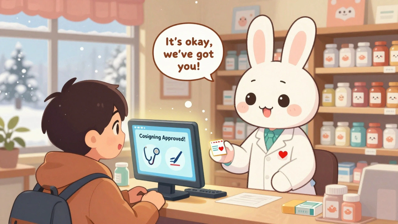 A friendly pharmacist in a bunny apron hands a prescription to a happy traveler in a cozy Canadian pharmacy.