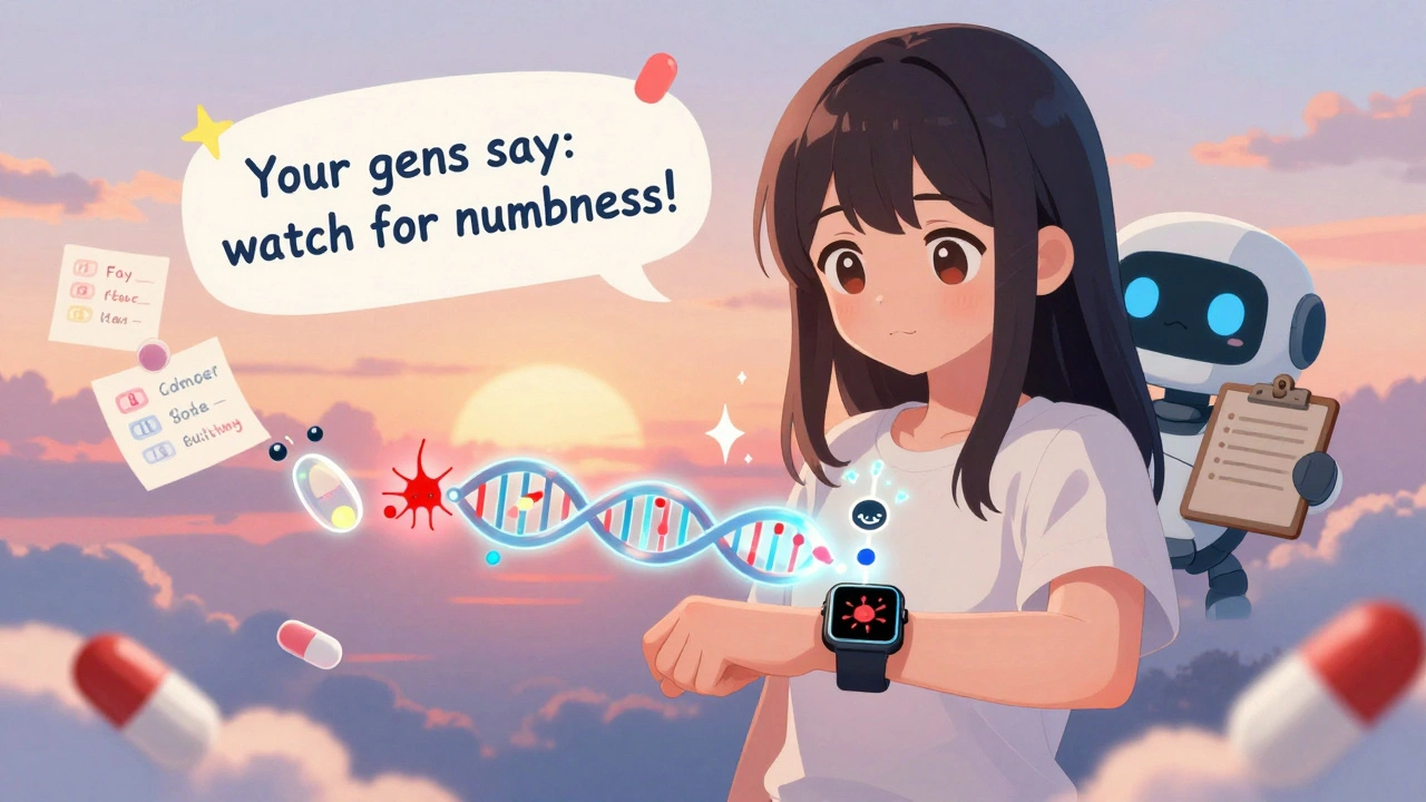 A girl with a smartwatch projecting a glowing drug timeline and dancing DNA strands in kawaii anime style.