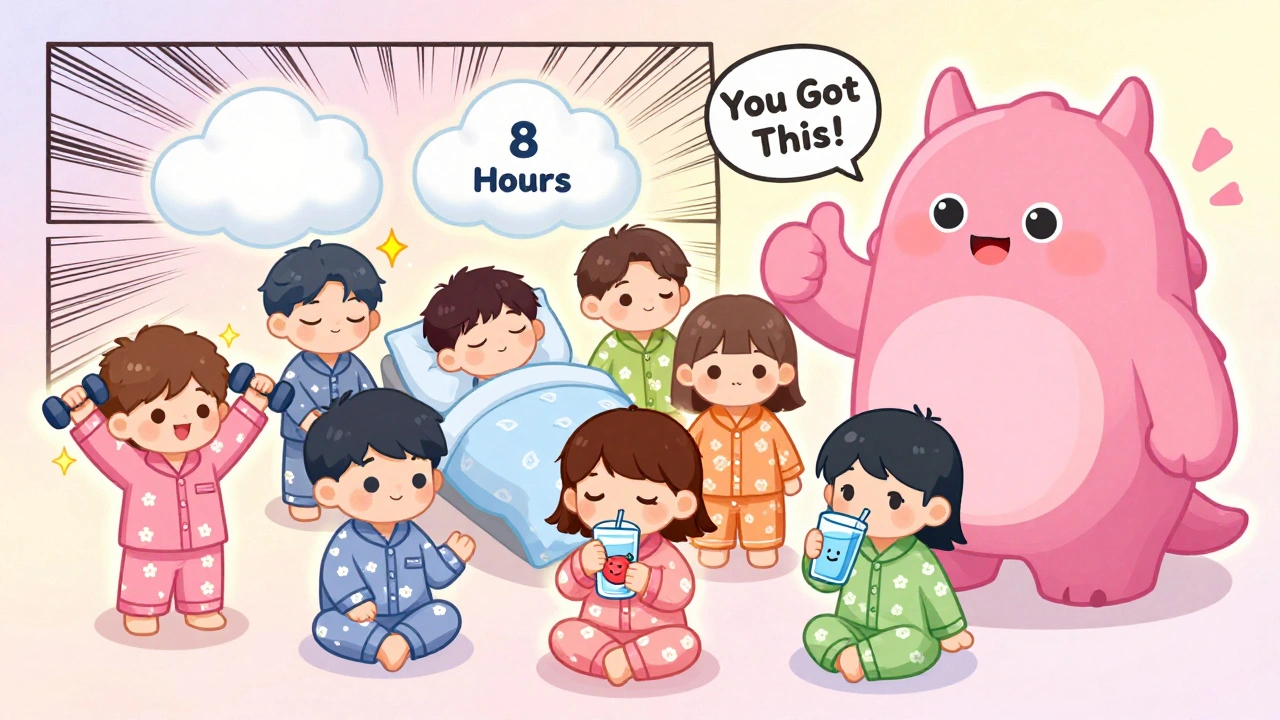 A group of people practicing healthy habits with cute anime-style hormone monster watching over them.