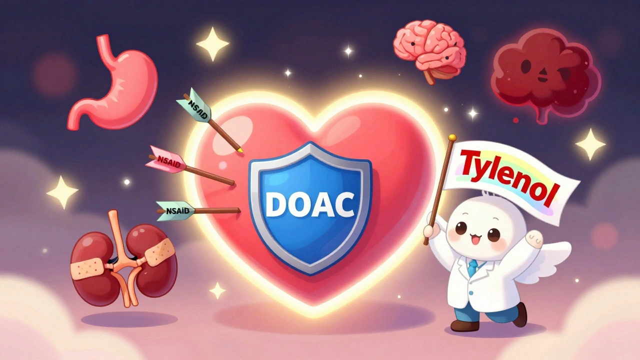 A heart under attack by NSAID arrows, protected by a Tylenol banner with floating medical icons and sparkles.