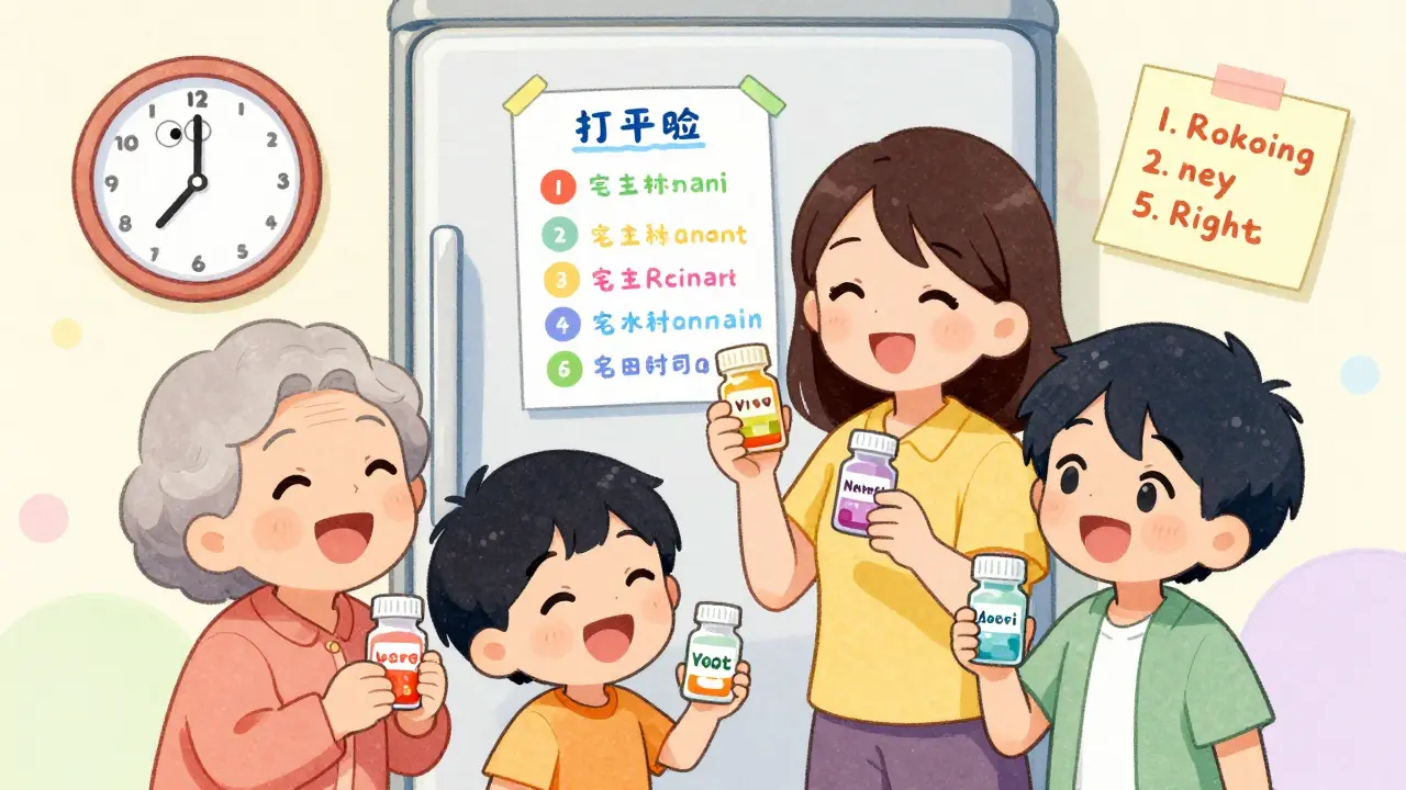 A loving family reviews a colorful medication list taped to the fridge, each holding their own illustrated pill bottle in a warm, kawaii home setting.