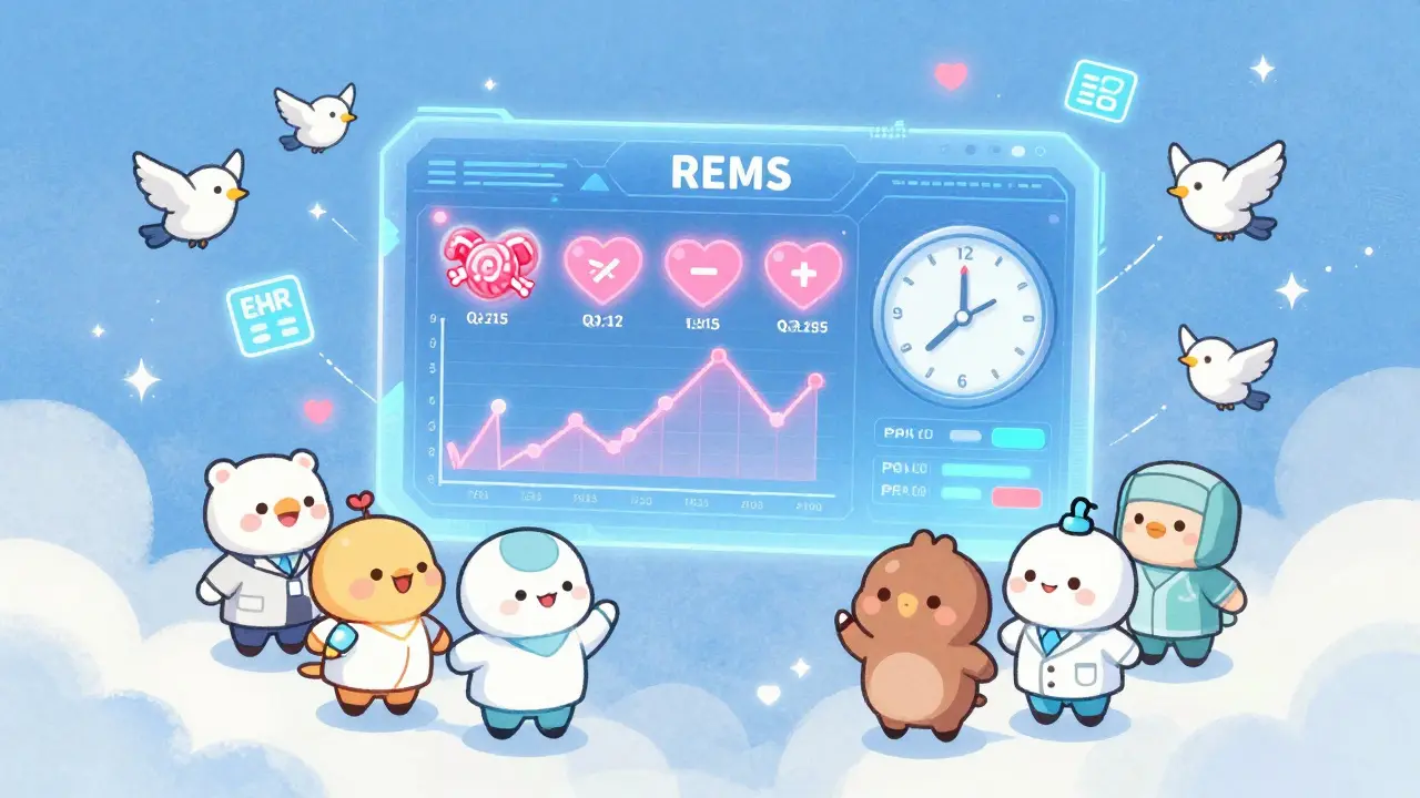 A magical hologram dashboard shows patient hearts and candy graphs for REMS tracking.