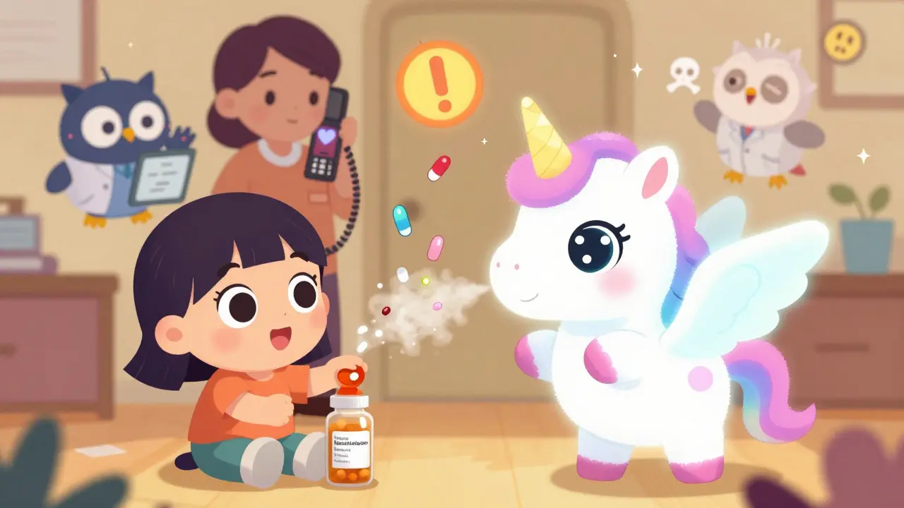 A magical Narcan unicorn neutralizes spilled pills as a parent calls poison control, with a smiling owl mascot watching in a soft, kawaii emergency scene.