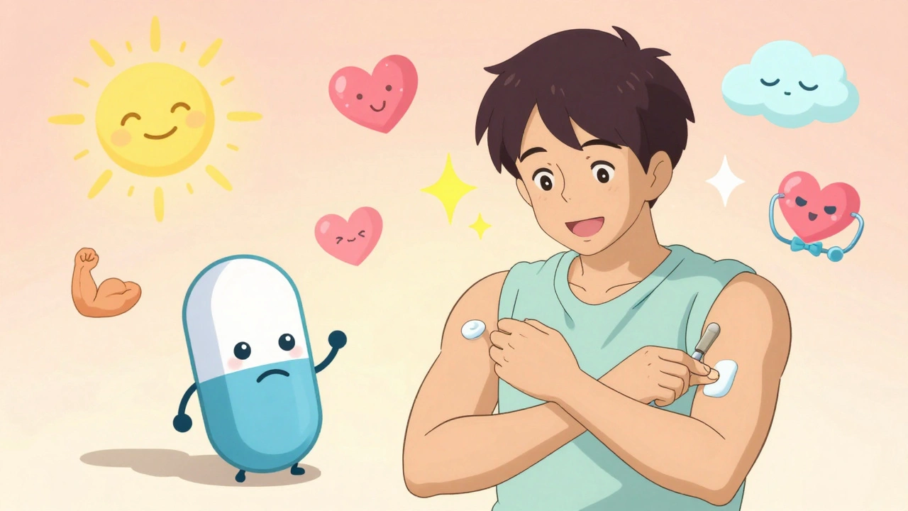 A man smiling as he applies testosterone gel, with sparkles and happy health icons in soft pastel anime style.