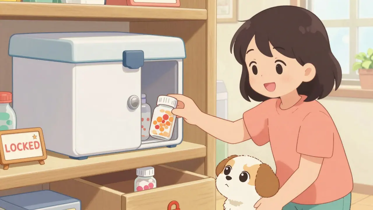 A parent locking medication in a high kitchen cabinet while a dog watches longingly.