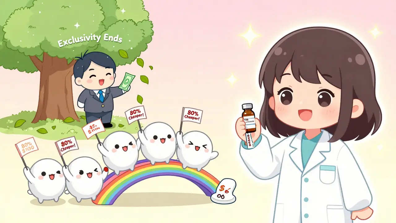 A patient sees drug price drop from 00 to 0 as generic mascots celebrate with rainbow bridge.