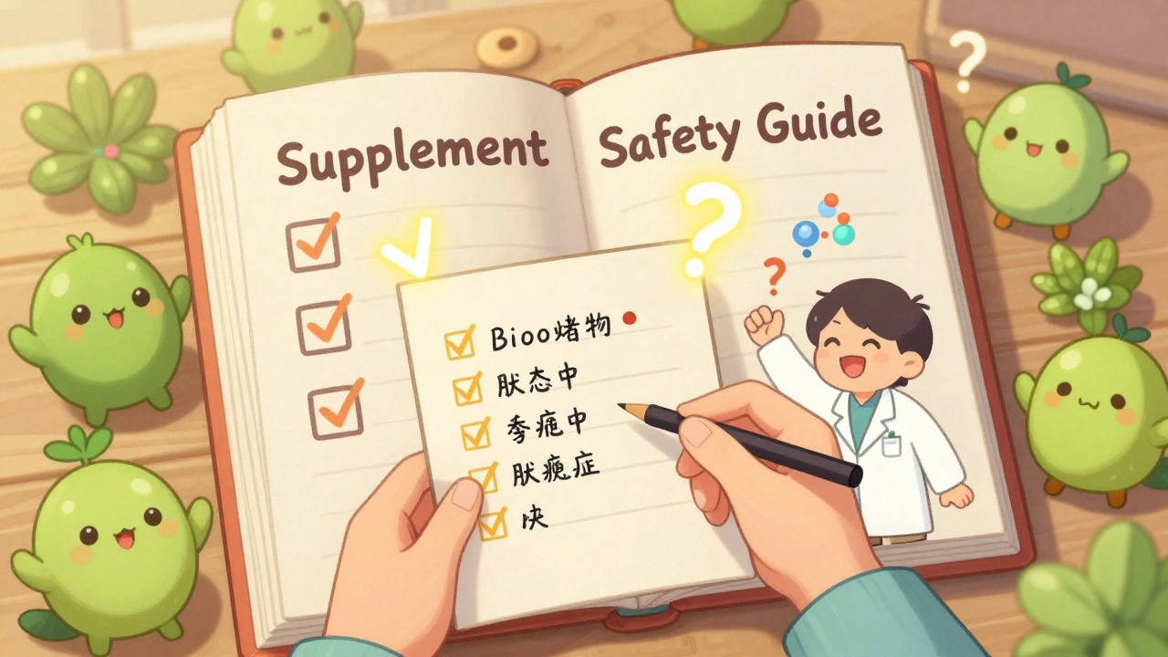 A person holding a medication list while a safety guide book glows with safe supplement characters.